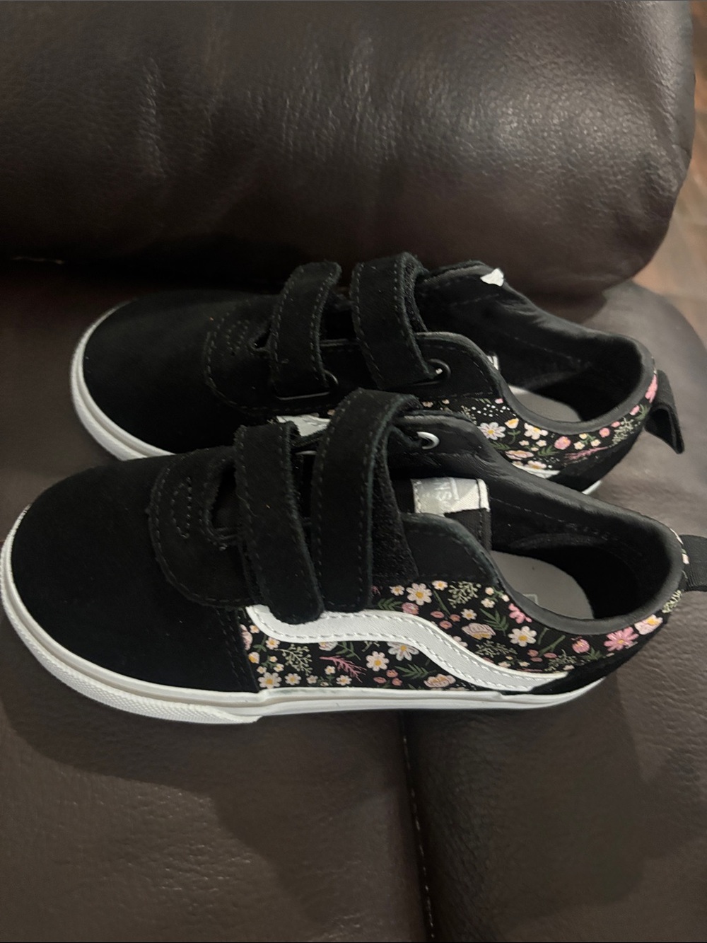 Vans Kids Black Floral Velcro Skate Shoes with White Stripe